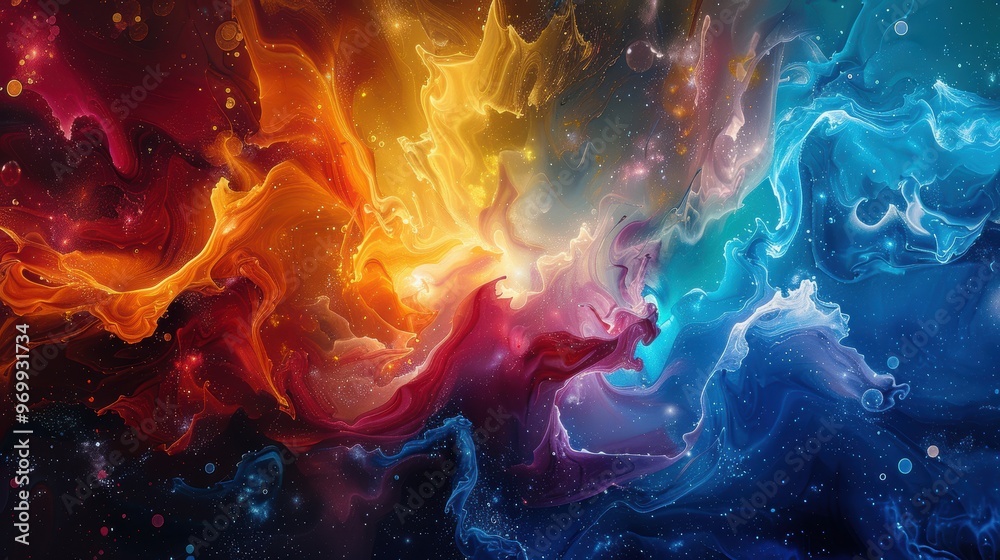 Vibrant abstract swirls of color blending in dynamic patterns under a cosmic backdrop Vibrant abstract swirls of color blending in dynamic patterns under a cosmic backdrop