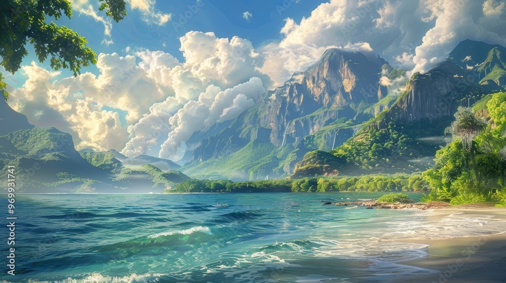 A tranquil paradise with lush mountains, clear waters, and vibrant skies on a sunny afternoon A tranquil paradise with lush mountains, clear waters, and vibrant skies on a sunny afternoon