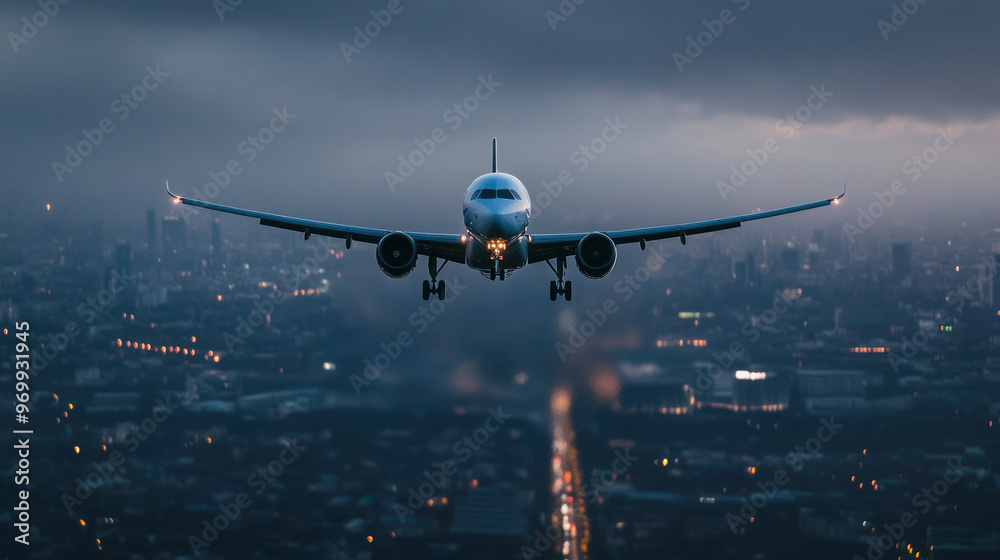 Fototapeta premium illustration of airplane taking off, cinemtaic color, flying over cityscape