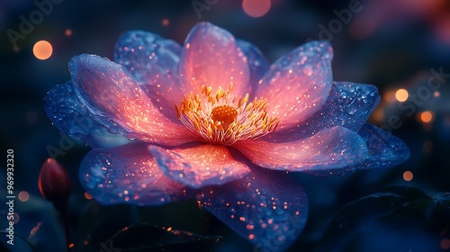 A single, glowing pink flower with dew drops, surrounded by bokeh lights in a dark, blurred background.