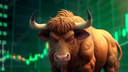 A determined bull stares intensely in front of rising stock charts, symbolizing confidence and growth in a bullish market.