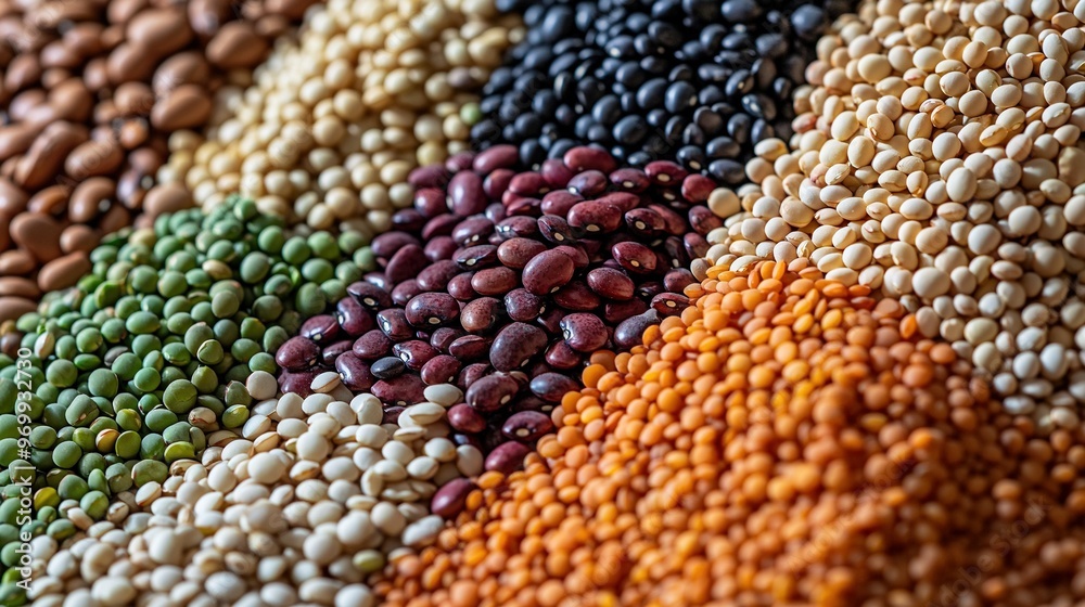 A rainbow-hued platter of beans and lentils is arranged in a mixture A rainbow-hued platter of beans and lentils is arranged in a mixture