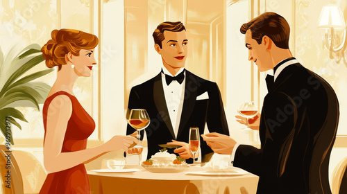 Illustrate elegant interactions between individuals, such as polite conversation, graceful gestures, or respectful exchanges. Highlight how manners and demeanor contribute to a sense of elegance. 