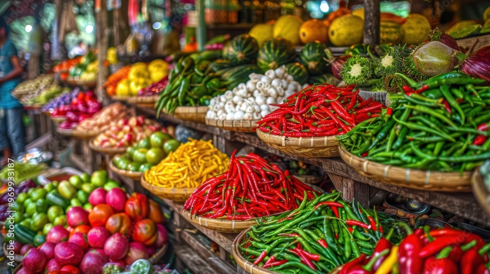 Fototapeta premium Vibrant food market in Thailand brimming with fresh produce and traditional flavors