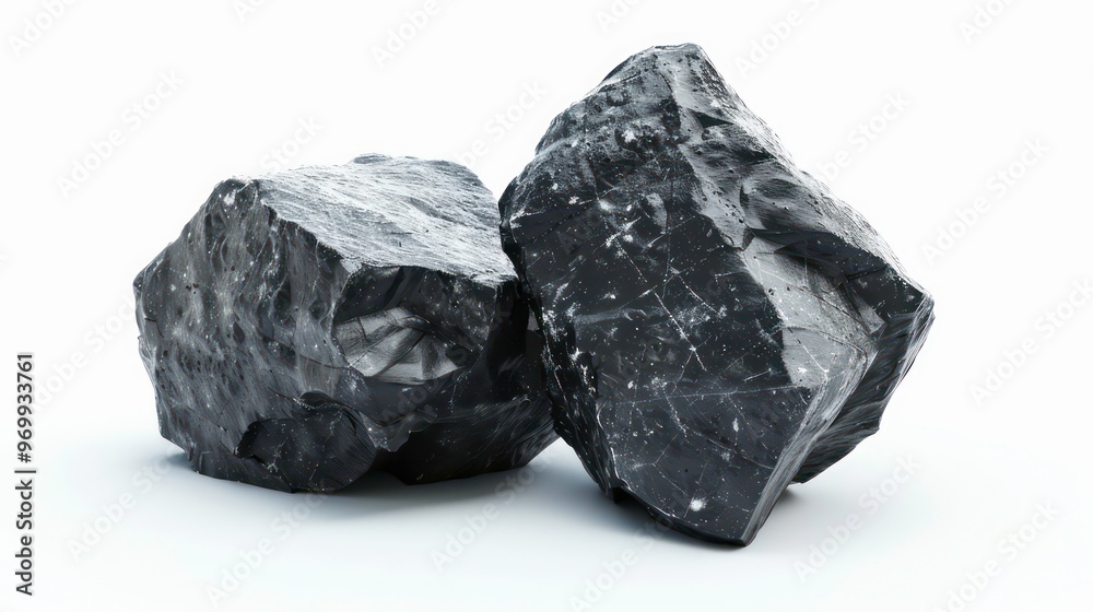 Two black rocks with rough and uneven surfaces, isolated on white. Two black rocks with rough and uneven surfaces, isolated on white.