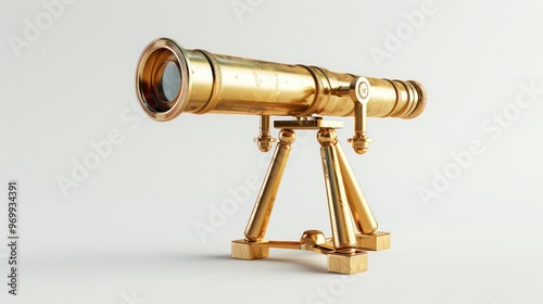 A golden telescope on a tripod with a white background.