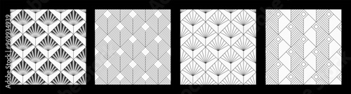 Set of four vector seamless art deco rhombuses patterns. Repeating geometric striped rhombuses tiles. Art deco patterns. Monochrome vector backgrounds.