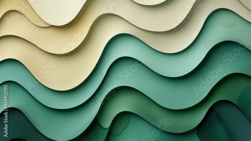 Colorful abstract background with layered paper cutouts in green, beige, and gray hues