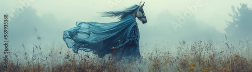 Donkey in a wizard costume with a flowing blue cape in a misty field, [wizard donkey], [funny farm animal] photo