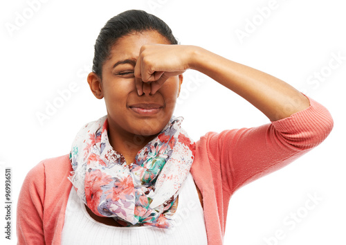 Bad smell, woman and nose pinch with block, disgust and odor problem in studio with rank stink. Gross, upset and yuck with holding from foul and unhappy from gas with nausea and white background