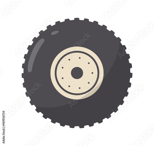 Car drive element. Black automobile wheel. Repair, modernization and tuning. Part of cars and vehicles. Graphic element for website. Flat vector illustration isolated on white background