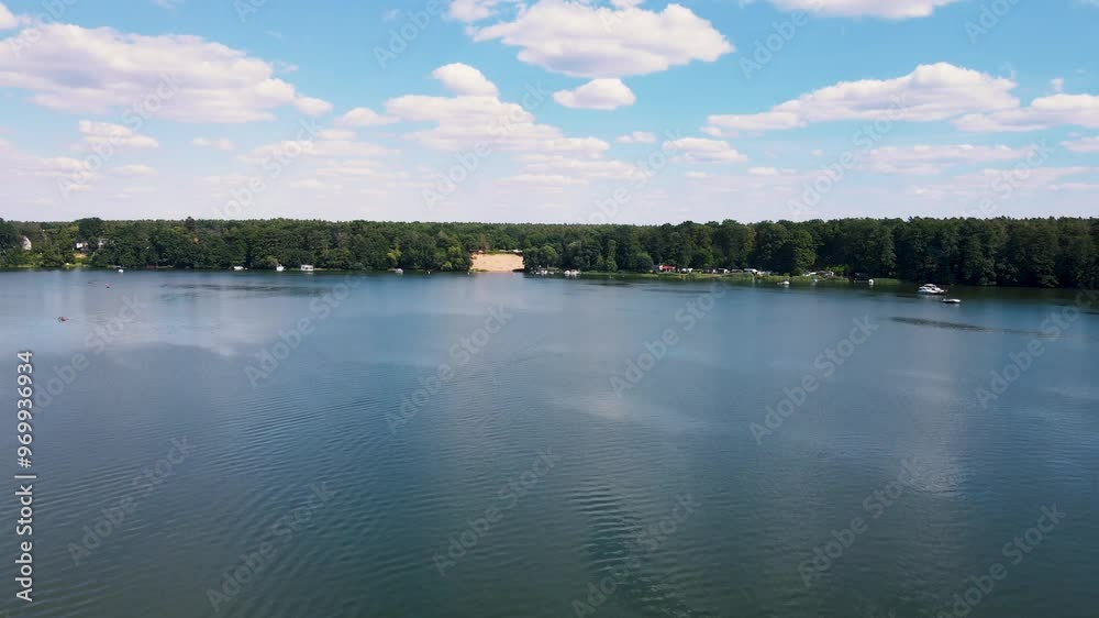 Beautiful top view of the lake Peetzsee, a bathing place and landscape in Grünheide, Brandenburg at summer time