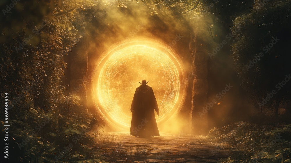 Person Walking Towards A Glowing Portal In A Forest. Person Walking Towards A Glowing Portal In A Forest.