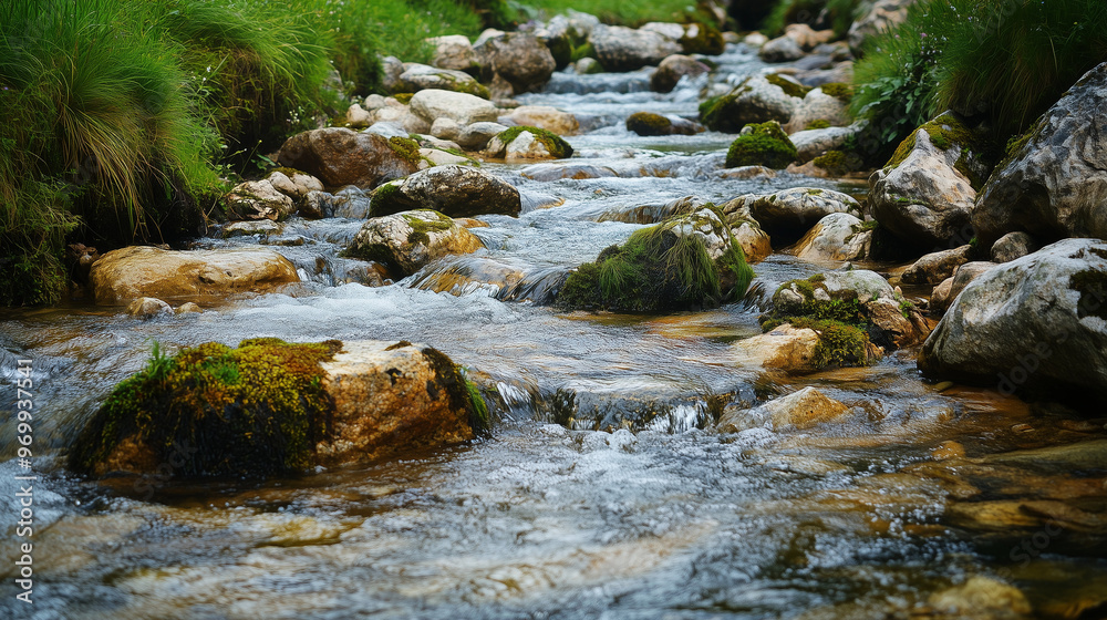 Fototapeta premium A serene stream flows through a rocky landscape with lush green grass, creating a tranquil and natural scene.