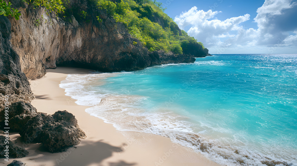 Fototapeta premium A breathtaking ocean view from a secluded cove with turquoise water lapping gently against the sandy shore.