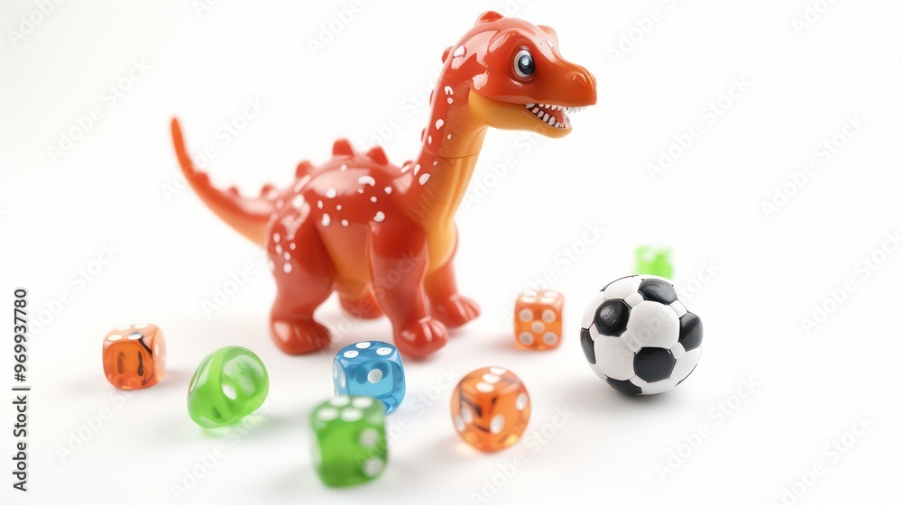 Obraz premium A brown dinosaur toy with white spots stands beside a black and white soccer ball and a group of dice in various colors.