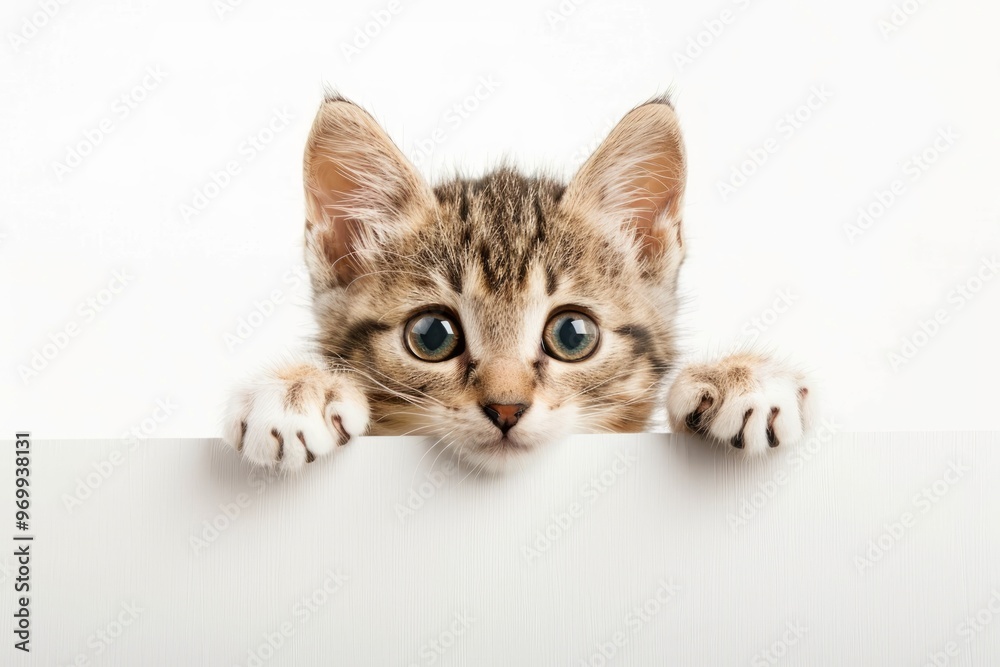 peeking kitten over a white blank drawing board, white background
