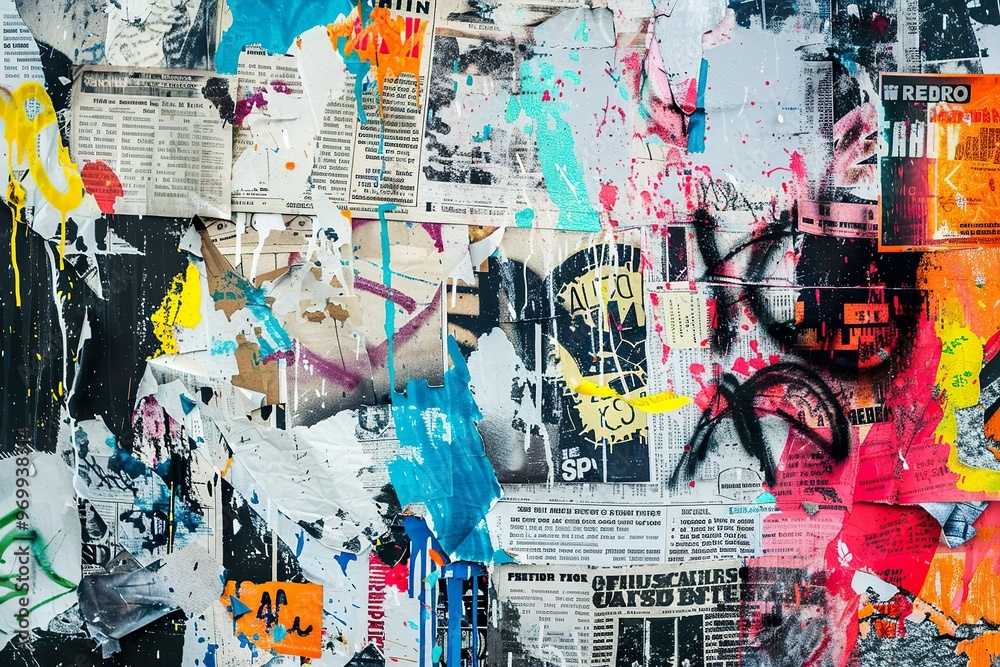 Fototapeta premium A collage of newspaper clippings and graffiti with the word 