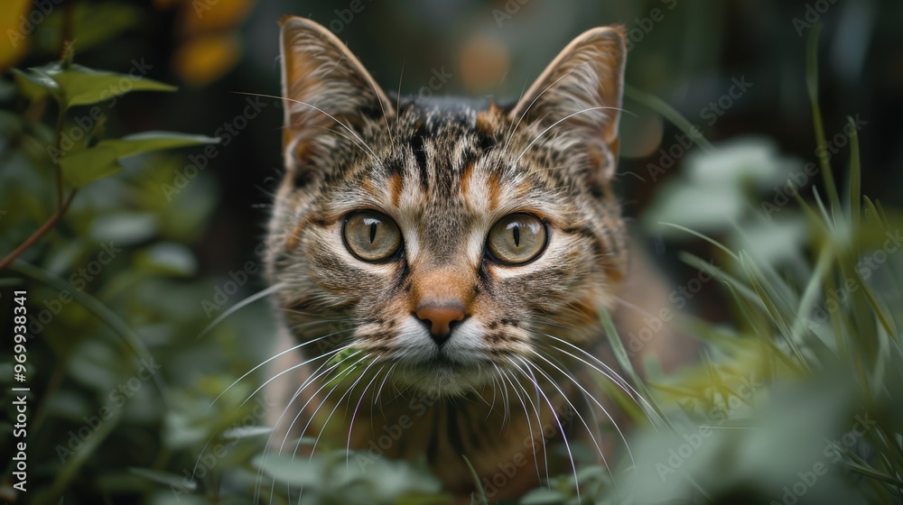 A curious cat exploring a lush garden in the afternoon sunlight A curious cat exploring a lush garden in the afternoon sunlight
