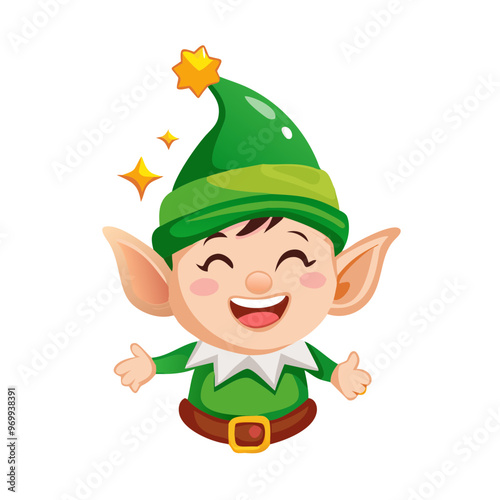 Happy cartoon elf with a green outfit and playful expression on a white background