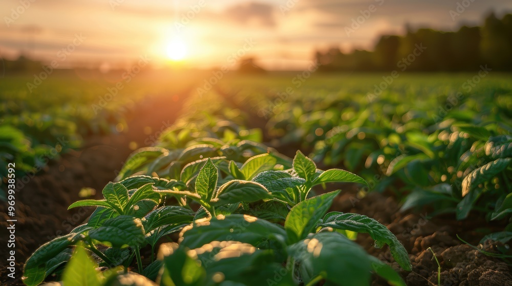 Fresh green crops growing in a field at sunset in rural farmland Fresh green crops growing in a field at sunset in rural farmland
