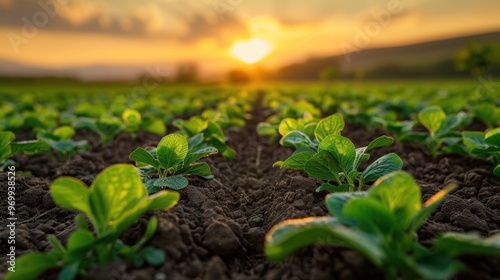 Rows of young crops growing in fertile soil at sunset on a tranquil farm landscape