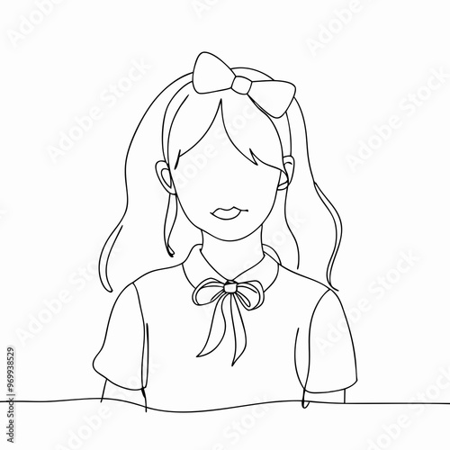 Minimalistic line drawing of a girl with long hair and a bow, featuring a friendly expression
