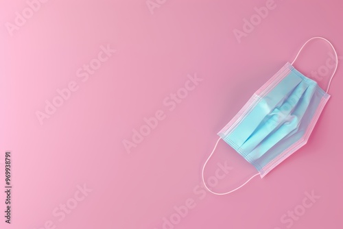 A flat lay of a blue medical mask on a pink background, symbolizing health and safety in contemporary times.