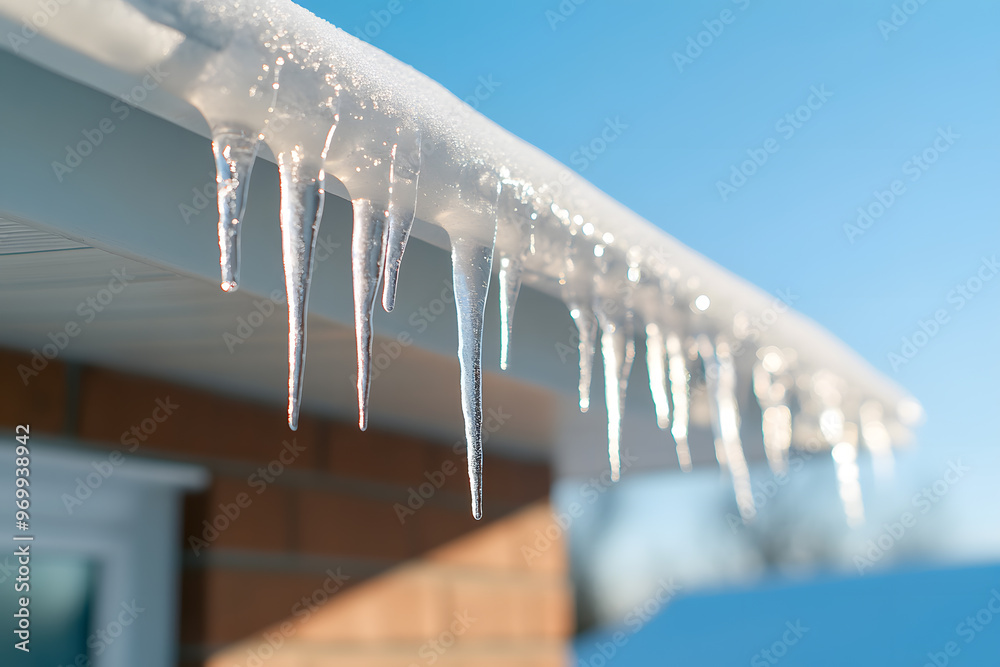 Icicles Hanging from House Roof in Cold Winter, Seasonal Ice Formation and Winter Weather Icicles Hanging from House Roof in Cold Winter, Seasonal Ice Formation and Winter Weather
