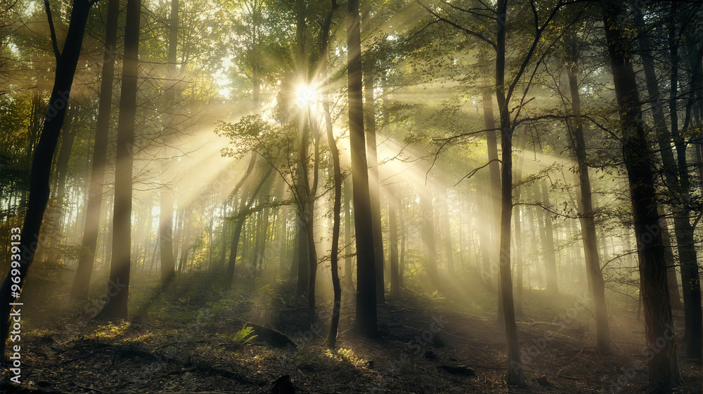 Fototapeta premium Magic of the sun and mist. Glowing light, silhouettes of trees and sunbeams in a misty forest. Amazing sunburst with majestic atmosphere.