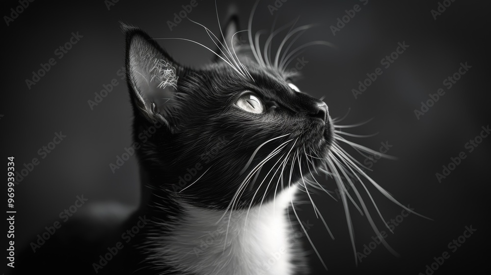 A sleek black and white cat gazes with captivating elegance in soft lighting A sleek black and white cat gazes with captivating elegance in soft lighting