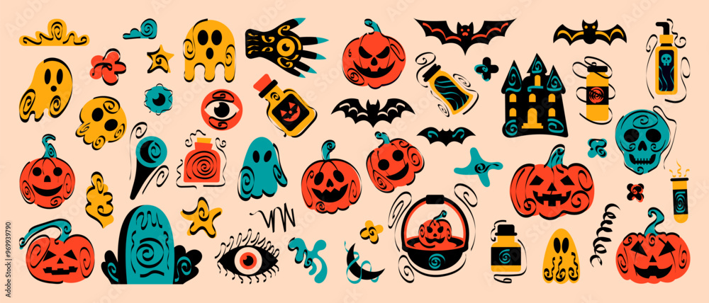 Halloween set of illustrations of classic characters of objects of colors Halloween set of illustrations of classic characters of objects of colors