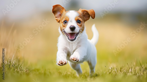 Adorable white and brown puppy with floppy ears joyfully running on a grassy field on a sunny day.