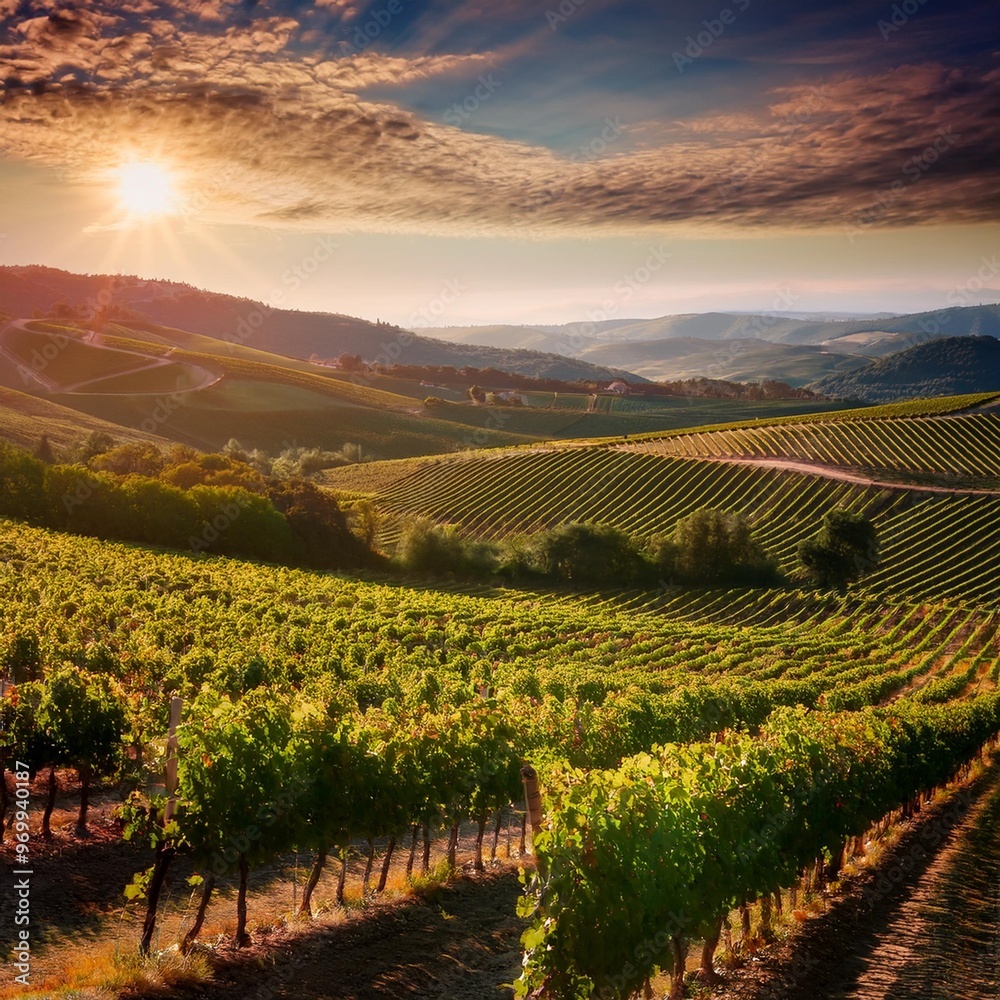 Fototapeta premium Sun-Kissed Vineyard Rows Stretching Across Rolling Hills, a Harvest Paradise