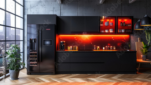 A smart kitchen with connected appliances, like a smart fridge and an automated coffee maker, in a stylish setting photo