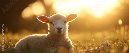 A cute lamb lying in the grass at sunset, looking directly into the camera with soft focus and warm lighting