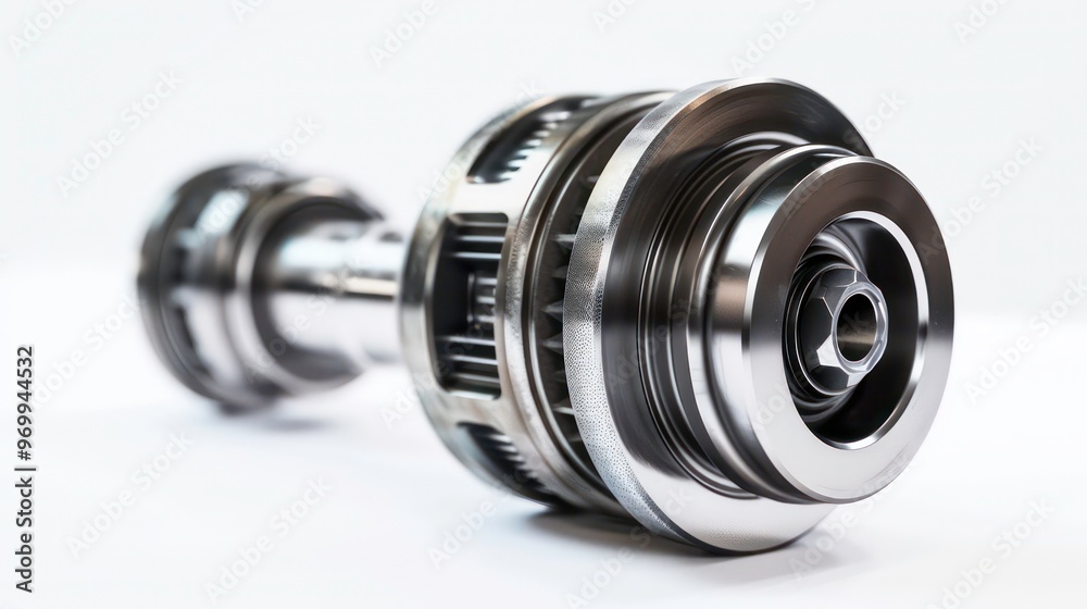 Close-up of a shiny metal gear with multiple teeth and a central hole, isolated on a white background. Close-up of a shiny metal gear with multiple teeth and a central hole, isolated on a white background.