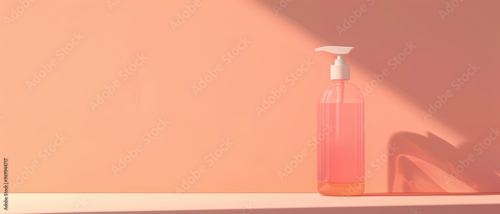 A stylish pink bottle of liquid soap on a shelf against a warm pastel wall, creating a serene and minimalist aesthetic. A stylish pink bottle of liquid soap on a shelf against a warm pastel wall, creating a serene and minimalist aesthetic.