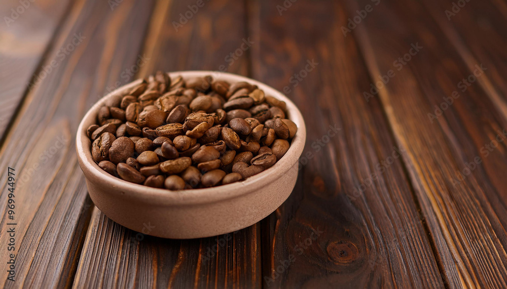 Fototapeta premium Roasted coffee beans in ceramic bowl on dark wooden table. Tasty and aromatic beverage.