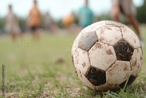 Close-Up of a Muddy Soccer Ball on a Field with Players in the Background