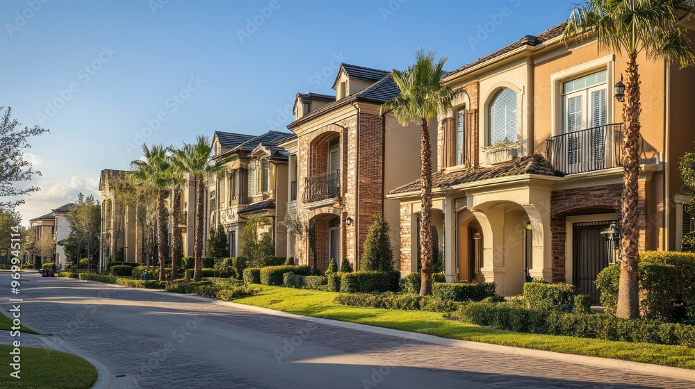 Row of Mediterranean-style Homes with Palm Trees and Cobblestone Street Row of Mediterranean-style Homes with Palm Trees and Cobblestone Street