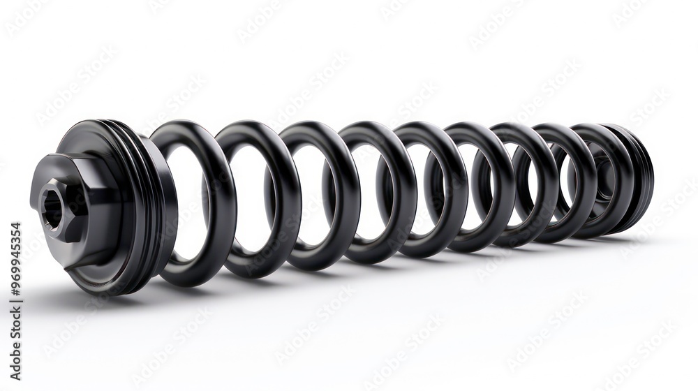 Black metal coil spring with a hexagonal end cap isolated on a white background. Black metal coil spring with a hexagonal end cap isolated on a white background.