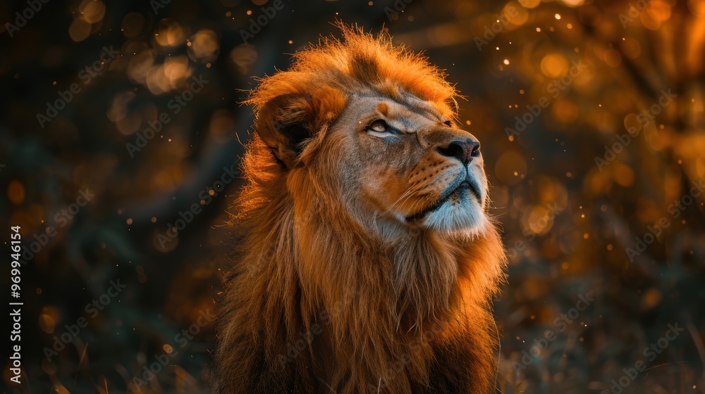 Naklejka premium Majestic lion gazes upwards in the golden light of a wild savanna at dawn