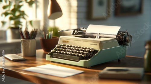 Vintage Typewriter on a Wooden Desk.