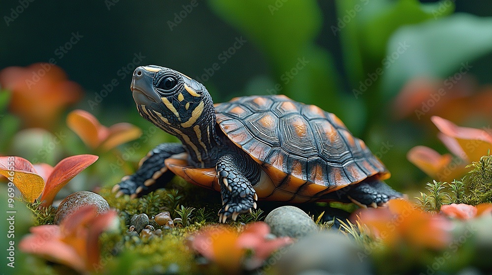 A sharp image of a tiny turtle resting amidst green blades and vibrant petals, set against a hazy backdrop of leafy foliage A sharp image of a tiny turtle resting amidst green blades and vibrant petals, set against a hazy backdrop of leafy foliage