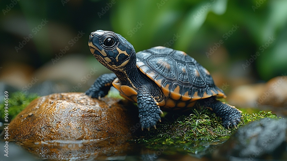 Turtle on rock in water with green plants in background Turtle on rock in water with green plants in background