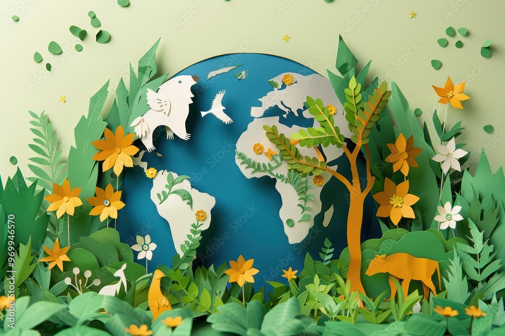 A vibrant paper art representation of Earth surrounded by lush flora and fauna, celebrating nature and environmental awareness. A vibrant paper art representation of Earth surrounded by lush flora and fauna, celebrating nature and environmental awareness.