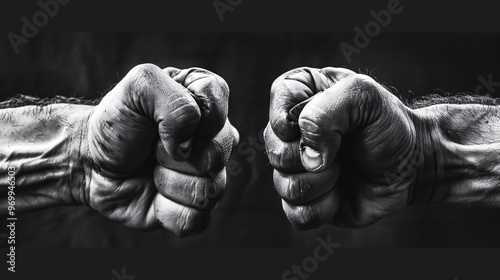 Beautiful black and white image of male fists wrapped in boxing tape. photo