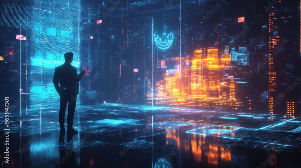A Silhouetted Figure Interacting with a Digital Interface A Silhouetted Figure Interacting with a Digital Interface