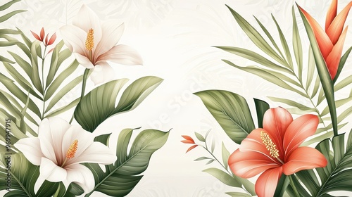 Lush Botanical Paradise - Exotic Flowers and Leaves in Tropical Jungle Illustration